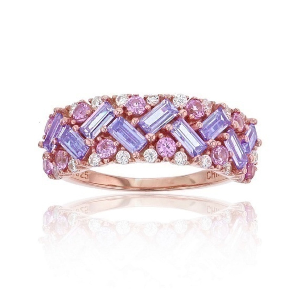 Cubic Zirconia in Rose Gold over Sterling Silver Tanzanite and Baguette Ring